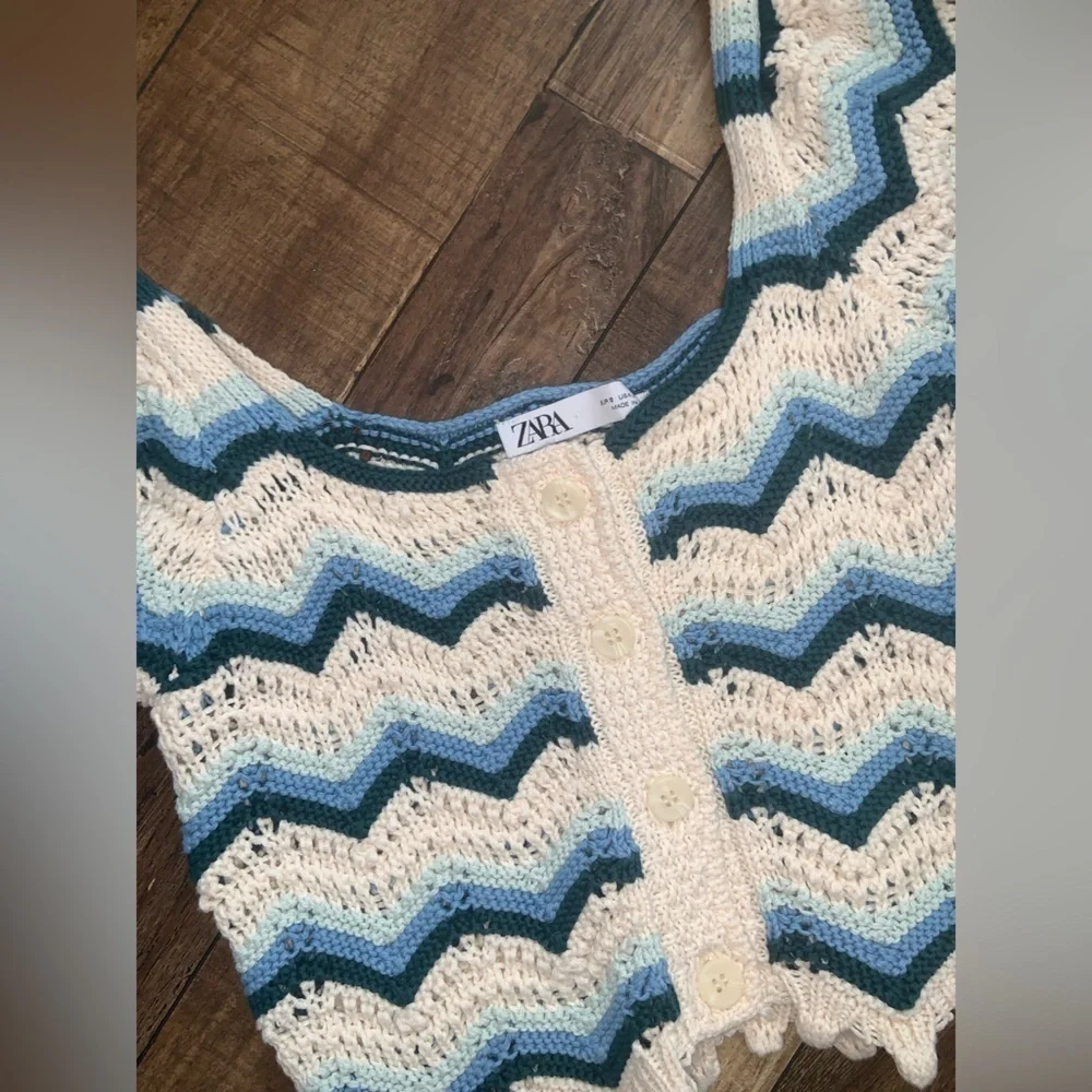 Zara Crochet Top S $78 boho blue cream printed fall boho casual  cowgirl crop